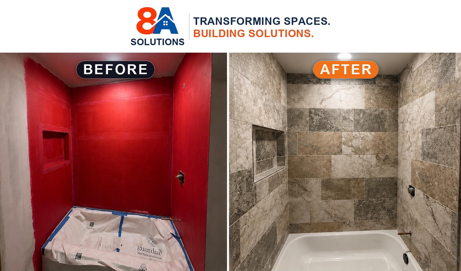 Before and after of a bathroom tub and tile surround renovation