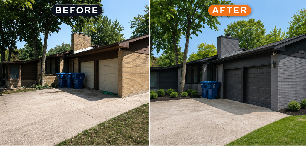Before and after of a full exterior brick repaint from beige to charcoal
