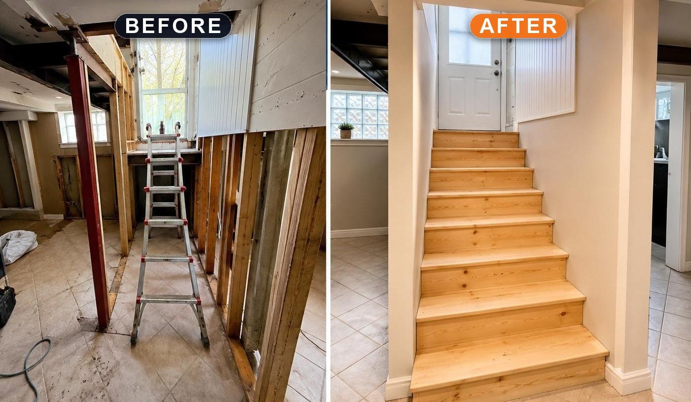 Before and after of a basement remodel and new staircase by 8A Solutions