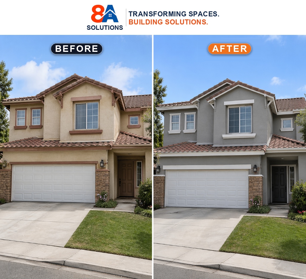 Before and after of a full two-story exterior house repaint