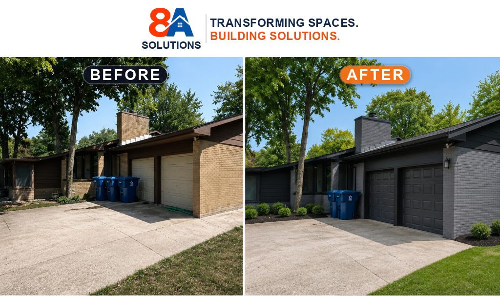 Before and after of a full exterior brick repaint from beige to charcoal