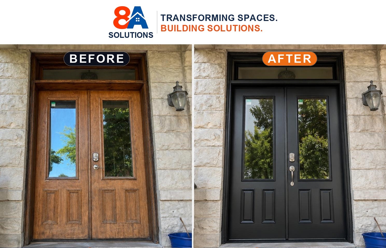 Before and after of a double front door replaced with a black double door
