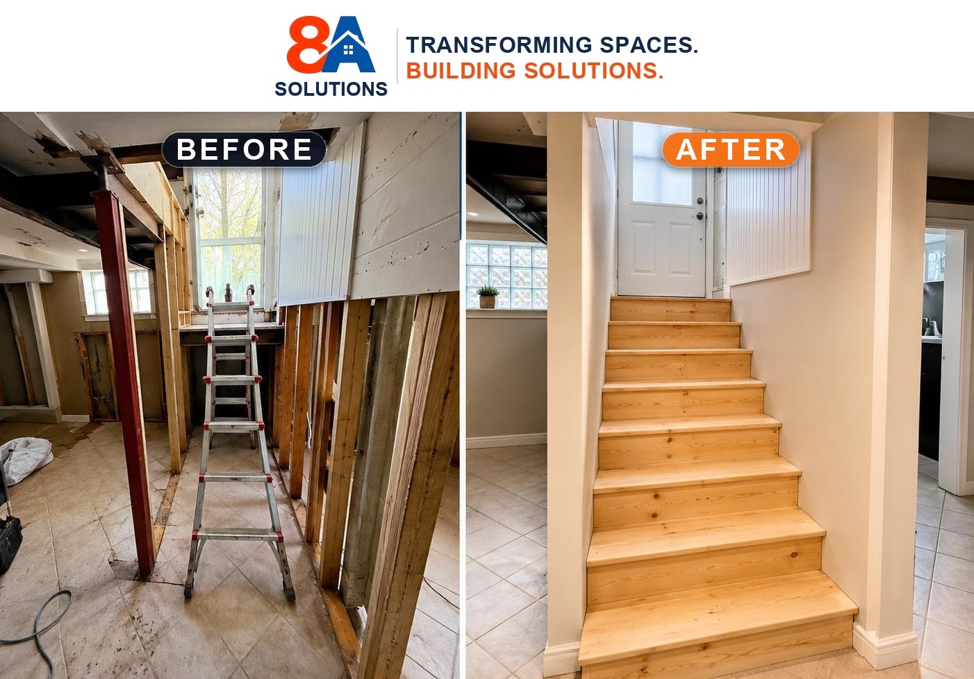 Before and after of a basement remodel and new staircase by 8A Solutions